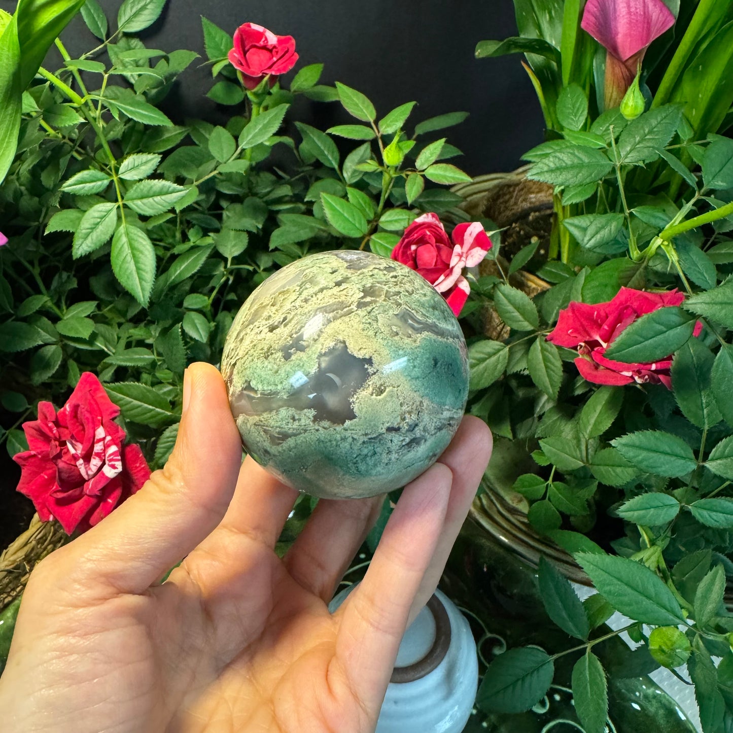 Mini Moss Agate Crystal Sphere – With Subtle Crystal Points#25522008