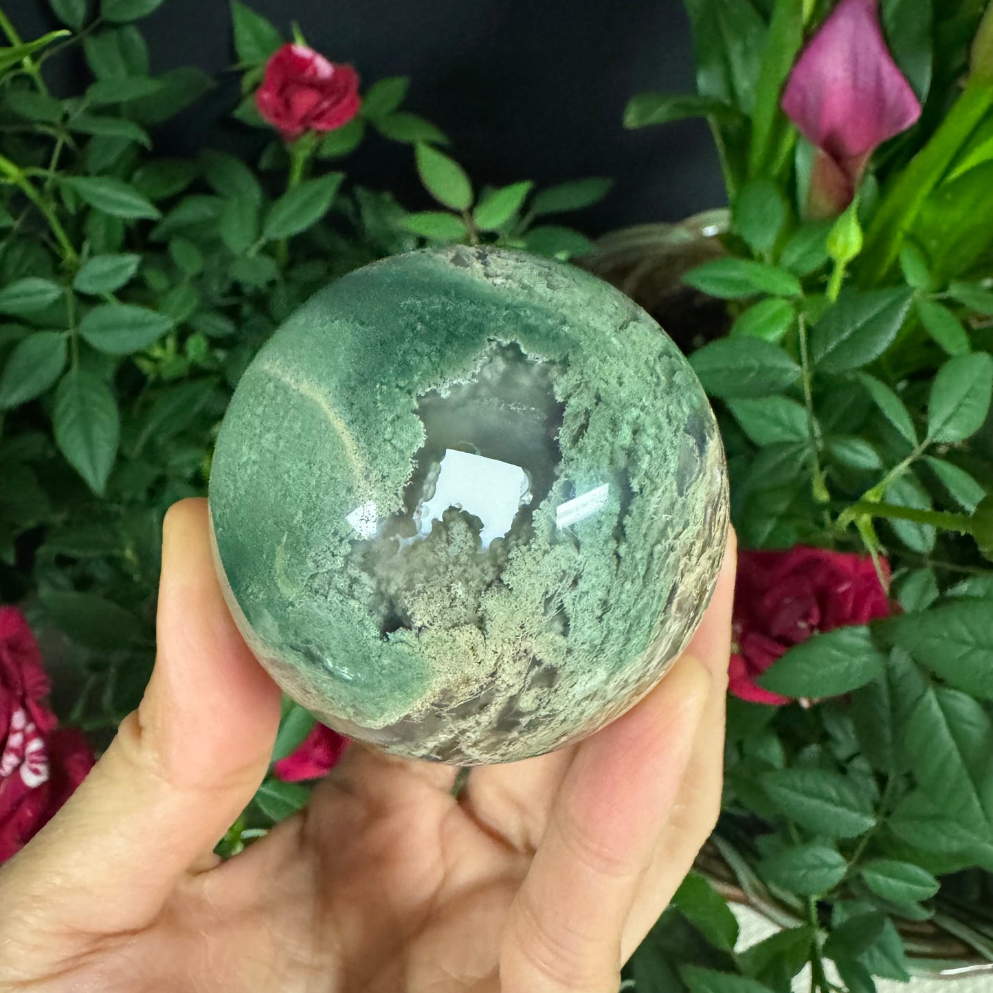 Mini Moss Agate Crystal Sphere – With Subtle Crystal Points#25522008