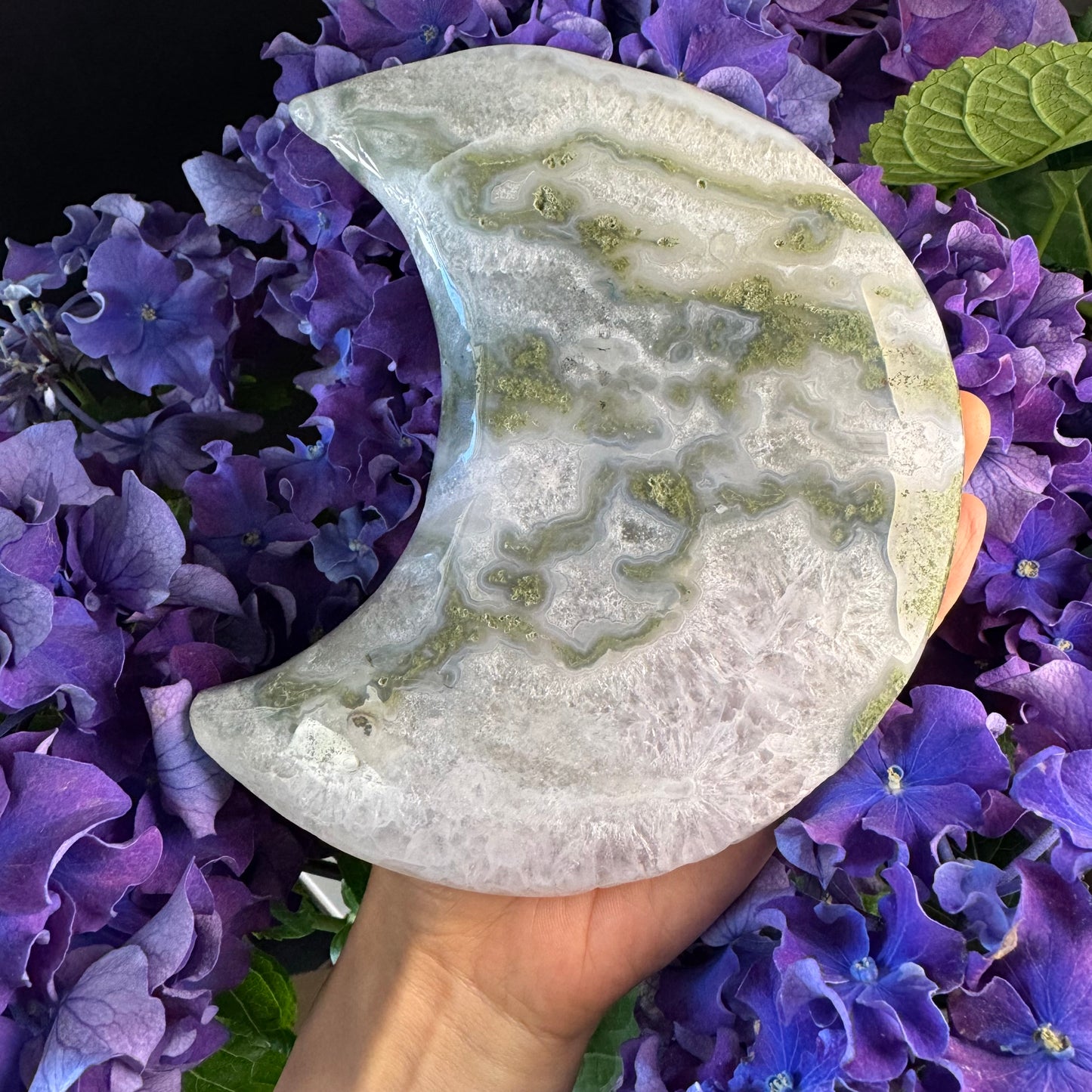 Moon of Abundance · Green Moss Agate Crescent#moon#002