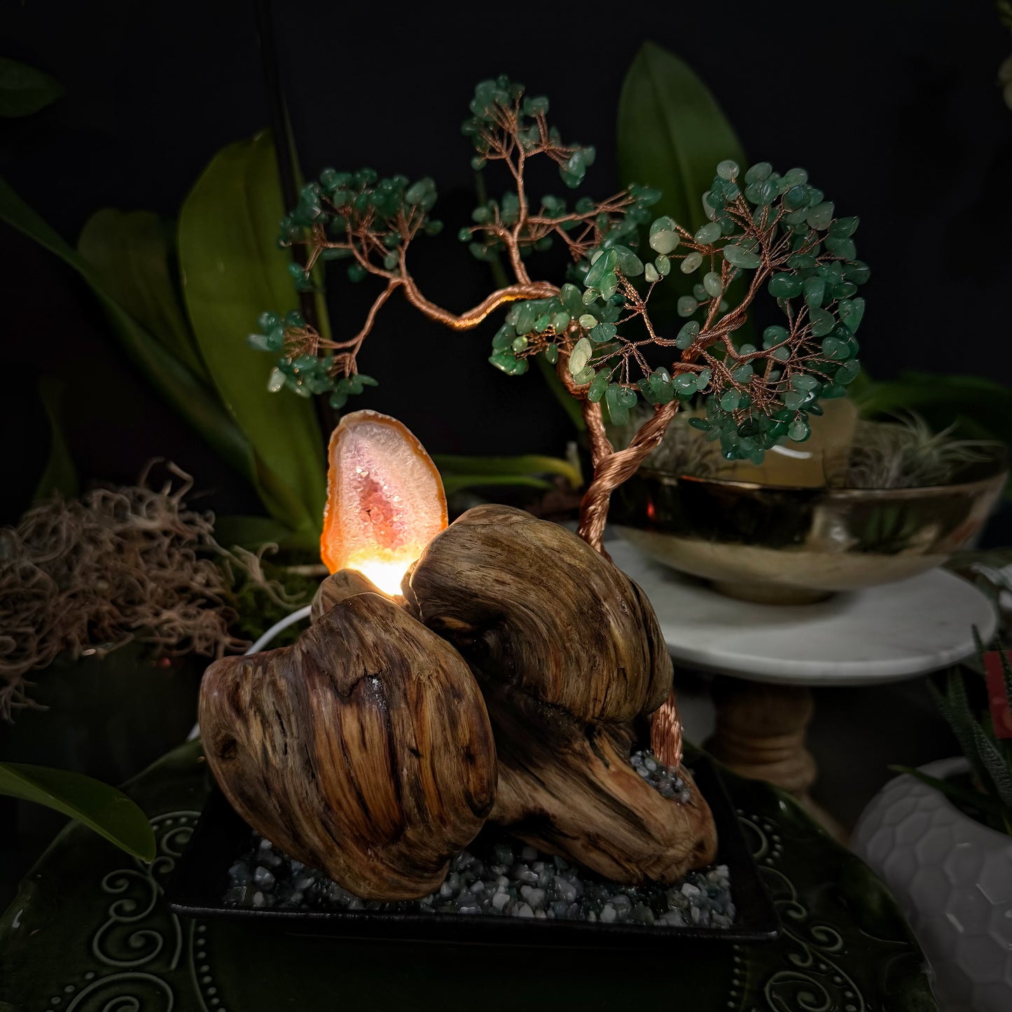 Green Aventurine Pine · Illuminated Crystal Cave Energy Tree