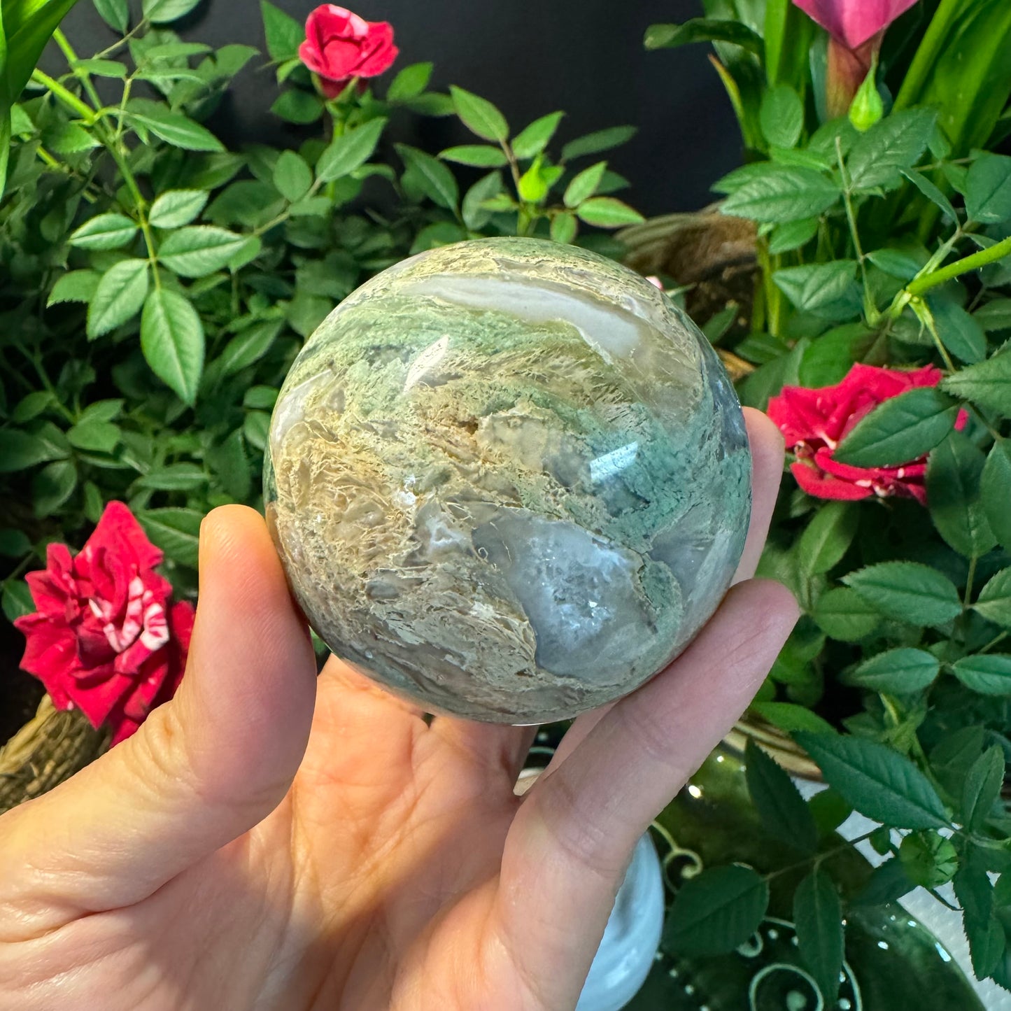Mini Moss Agate Crystal Sphere – With Subtle Crystal Points#25522008