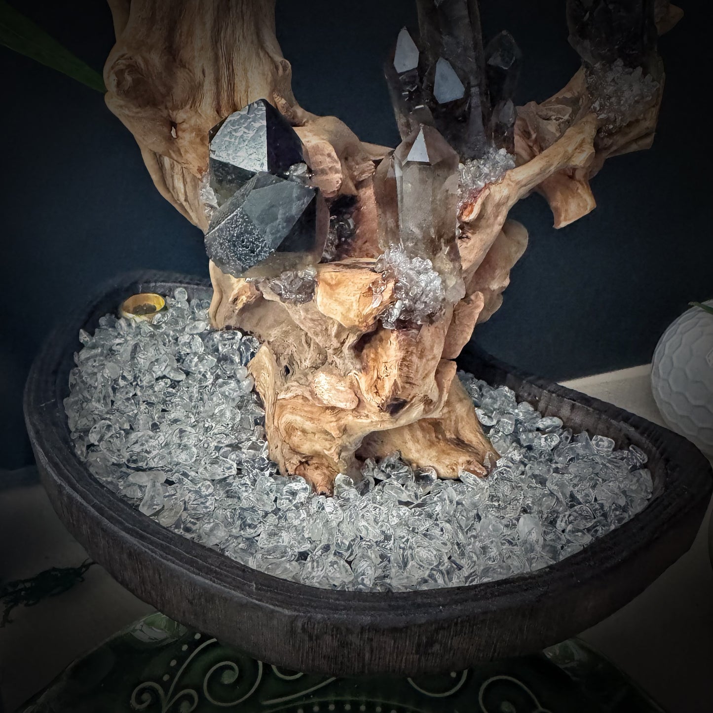 Tree of Grounding · Smoky Quartz on Ancient Wood