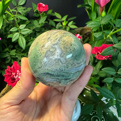 Mini Moss Agate Crystal Sphere – With Subtle Crystal Points#25522008
