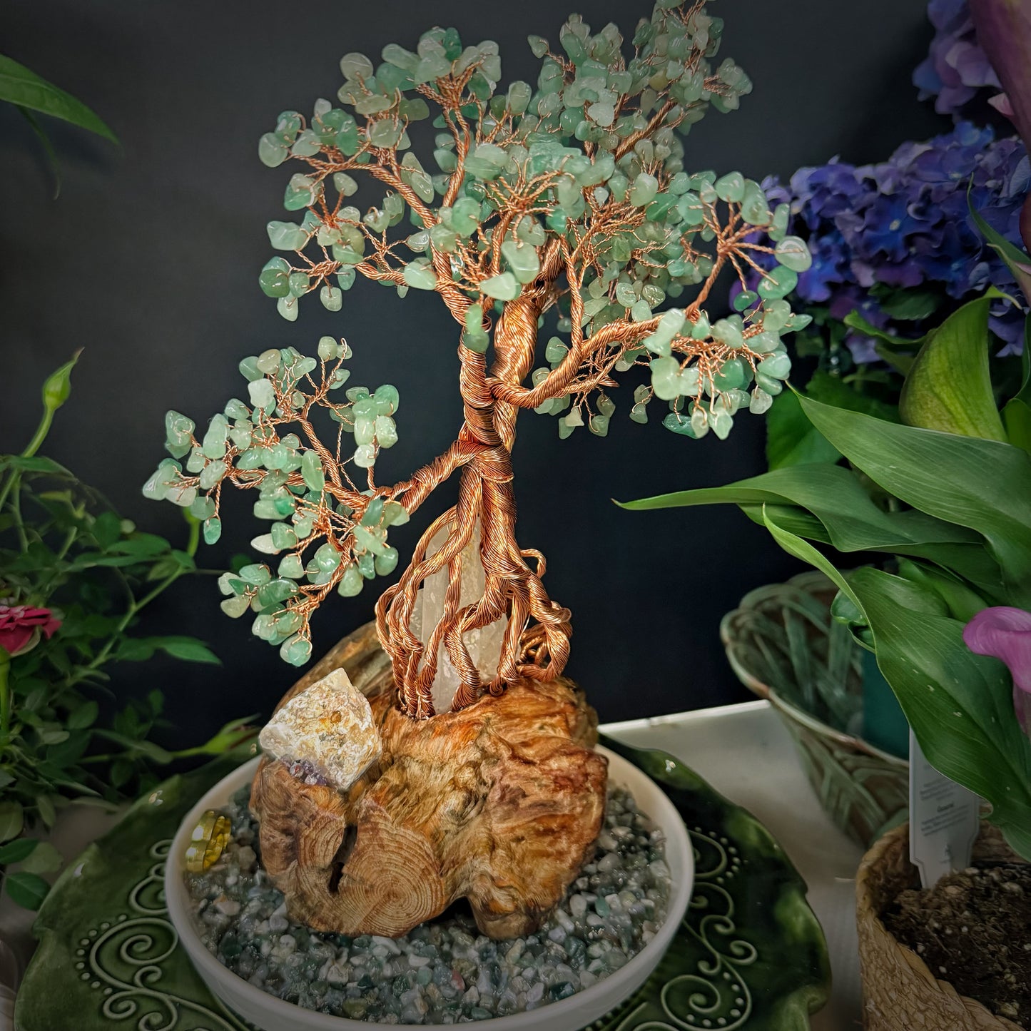Tree of Abundant Reception — A Green Aventurine Crystal Tree with Energy Basin & Incense Holder