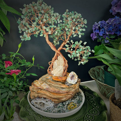 Tree of Abundant Reception — A Green Aventurine Crystal Tree with Energy Basin & Incense Holder