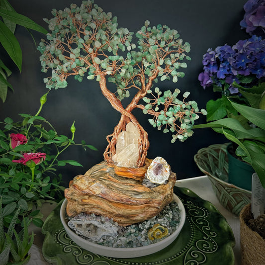 Tree of Abundant Reception — A Green Aventurine Crystal Tree with Energy Basin & Incense Holder