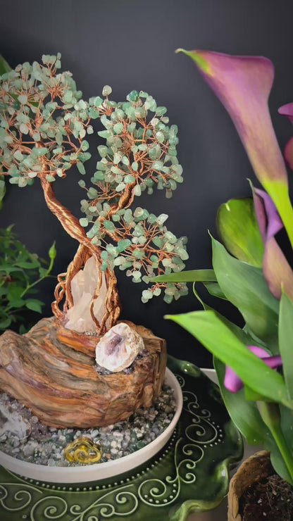 Tree of Abundant Reception — A Green Aventurine Crystal Tree with Energy Basin & Incense Holder