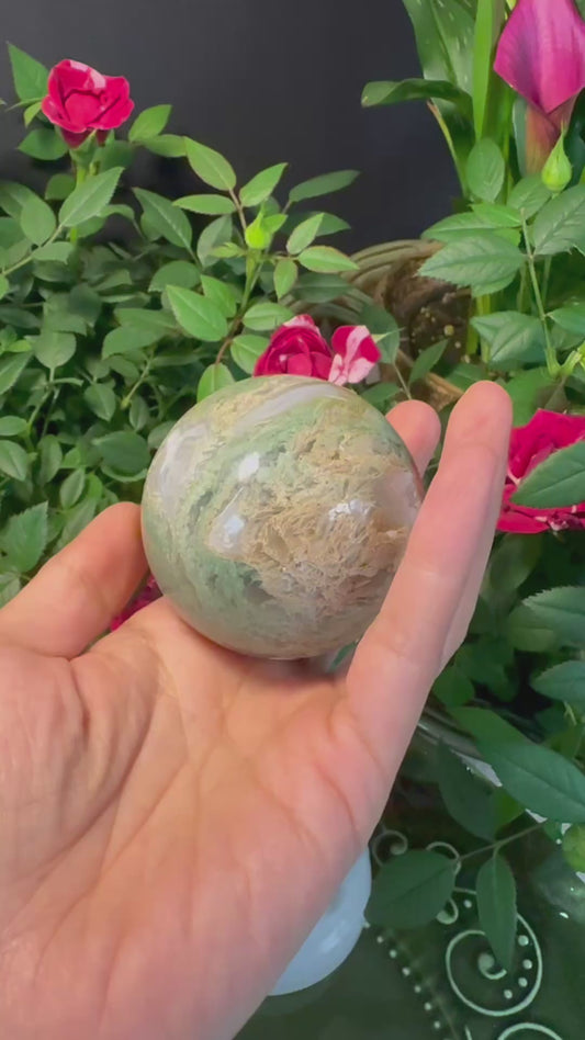Mini Moss Agate Crystal Sphere – With Subtle Crystal Points#25522008
